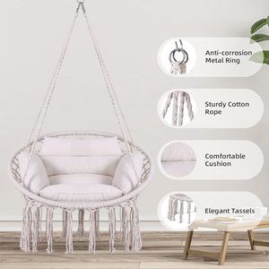 เก้าอี้แขวนแบบมาคราเม่ พร้อมเบาะรองนั่ง ชุดอุปกรณ์ติดตั้งบนเพดาน ตะขอเกี่ยว สายถักแบบมีชายครุย - Product Image 5