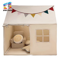 Tente de jeu en tissu à carreaux beige, maison de jeu pour enfants, tente de jeu en forme de maison, peinture écologique, 120x105x128cm pour l'imagination