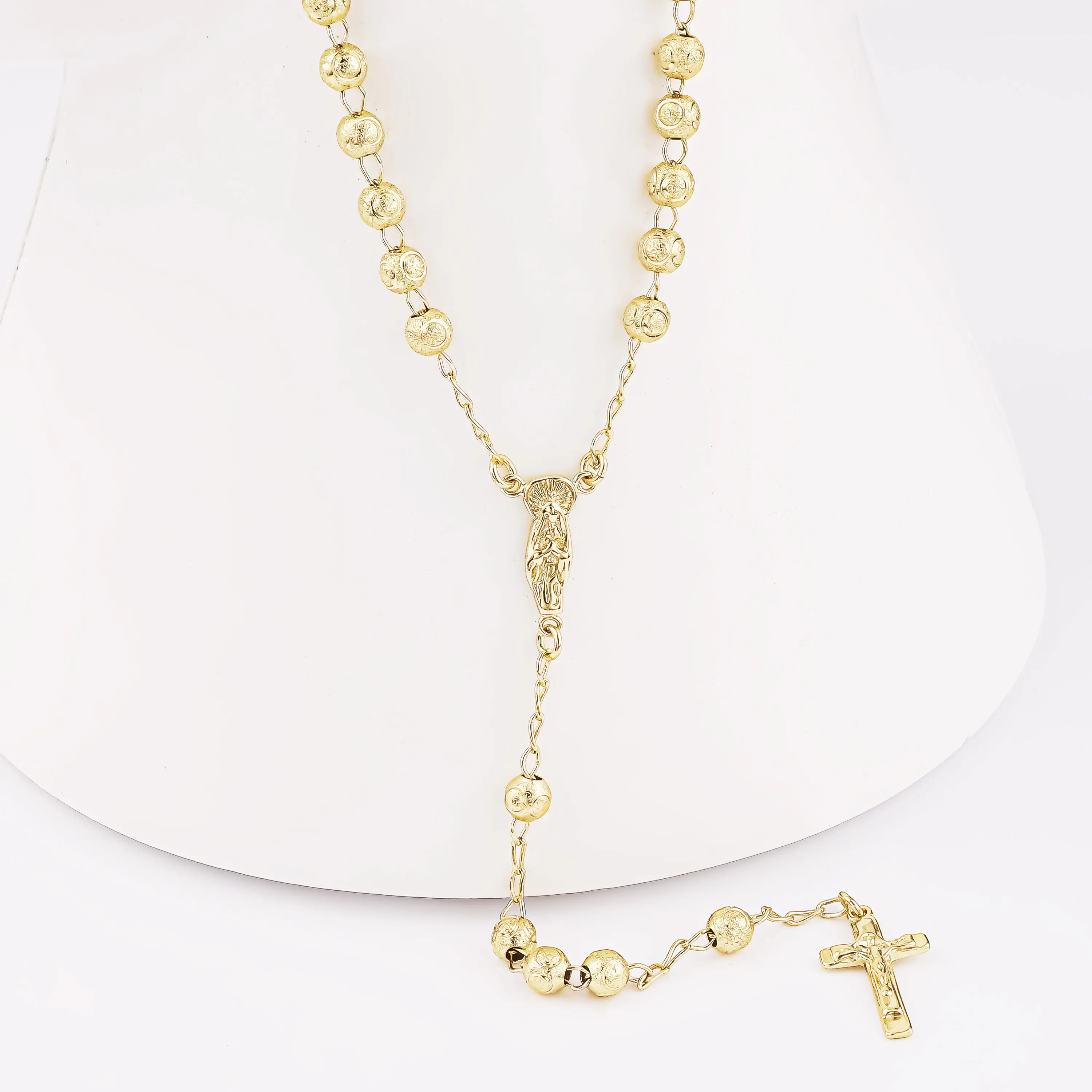 CM fine jewelry 14K oro laminado gold plated religious chain cross beads catholic rosary necklace christian rosario cadena