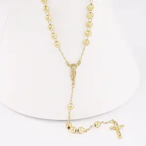 CM Fine Jewelry 14K Oro Laminado Gold Plated Religious Chain Cross Beads Catholic Rosary Necklace Christian Rosario Cadena