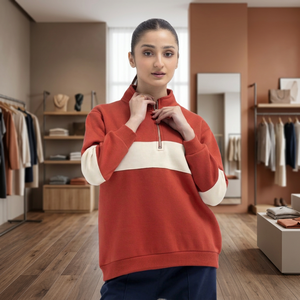 Sweat-shirt à col montant et demi-zip pour femme, en coton respirant, avec blocs de couleur - Product Image 3