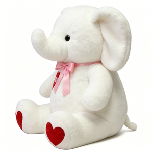 Peluche d'éléphant blanc personnalisée et adorable - Animal en peluche doux et moelleux avec nœud en satin rose et accents de cœur rouge - Product Image 5