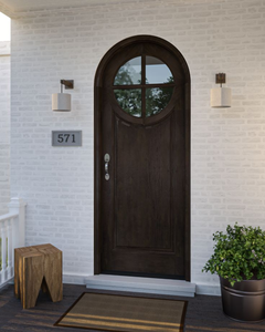 Porte d'entrée traditionnelle en bois Qifan avec panneau en verre cintré et lames verticales, design à battants - Product Image 3