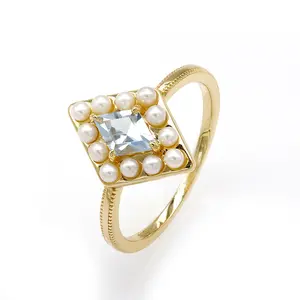 Joacii Jewelry 925 Sterling Silver 14K Gold Plated Gemstone Series Pearl Diamond Sky Blue Topaz Ring