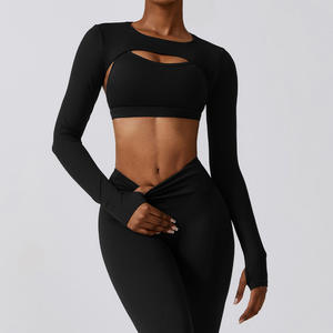 Tops Cortos de Manga Larga con Espalda Cruzada y Orificios para el Pulgar para Mujer, <span class=keywords><strong>Bolero</strong></span>, Logotipo Personalizado, Tops de Gimnasio para Entrenamiento, Diseño sin Costuras - Product Image 4