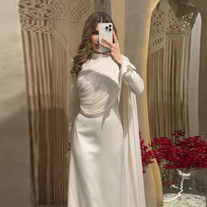 S0637Y 2026 Nuovo Abito da Sera da Donna in Stile Europeo e Americano, <span class=keywords><strong>Bianco</strong></span>, a <span class=keywords><strong>Maniche</strong></span> <span class=keywords><strong>Lunghe</strong></span>, con Collo Alto, Plissettato e Irregolare, Vestibilità Slim - Product Image 2