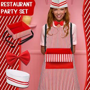Kit de costume de serveur des années 1950, <span class=keywords><strong>tenue</strong></span> de Soda Jerk, tablier rayé rouge et blanc, toque de chef, nœud papillon, plateau à collations, cosplay de serveuse d'Halloween - Product Image 5