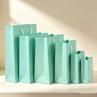 Sacs cadeaux en papier carton ivoire multi-tailles avec poignées en corde vert menthe, sacs shopping portables en papier, impression personnalisée, emballage cadeau pour la vente au détail