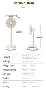 Ventilateur sur pied sans balais rétractable de 14 pouces avec batterie au lithium, commande par application, télécommande, fonctionnement silencieux, ventilateur Tuya - Product Image 6