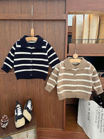Cardigan tricoté unisexe pour enfants, col rabattu, rayé, simple boutonnage, manches longues, pull pour bébé, collection printemps-automne