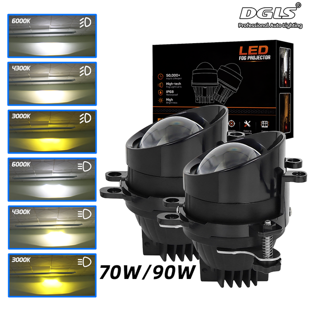 DGLS D628 H11 3-Inch Bi-LED Fog Light Projector-3570 Chips 12V New Level Brightness Precise High/Low Beam Universal