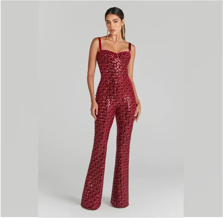 Monos formales de fiesta de Navidad vino rojo para mujer monos mono de terciopelo con lentejuelas para mujer