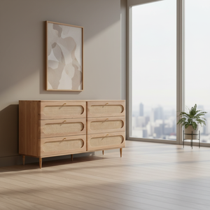 Commode en teck massif Sora, lignes épurées, texture naturelle chaleureuse, design de rangement spacieux, style moderne et minimaliste, durable pour chambre à coucher et entrepôt - Product Image 5