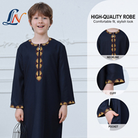 Nouvelle Collection 2026 : Qamis Bleu Marine pour Garçons avec Broderie Dorée – Robe Arabe Musulmane pour Enfants, Vêtement Islamique Jubba pour Ramadan et Aïd