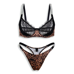 Completo Intimo Sexy in Raso con Stampa Leopardata e Pizzo, <span class=keywords><strong>Reggiseno</strong></span> con Ferretto e Coppe Trasparenti, Spalline <span class=keywords><strong>Argento</strong></span> Scintillanti, Due Pezzi - Product Image 1