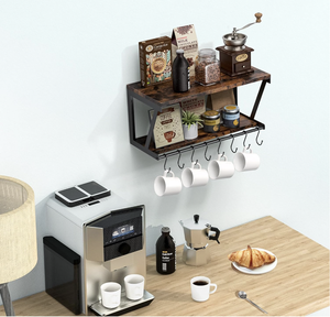 Estante de madera de doble nivel montado en la pared, ganchos de barra de toallas elegantes, estante de barra de café para colgar vino, almacenamiento de tipo de pie elegante - Product Image 4