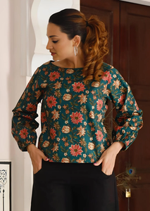 Haut pour femme de haute qualité 100% coton avec col rond classique et manches bishop fluides, tissu doux, vêtement décontracté pour tous les jours - Product Image 2