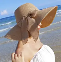 Womens Bowknot Straw Hat Foldable Beach Sun Hat Roll up Summer Caps