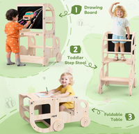Tabouret de cuisine pour tout-petits en forme de voiture, tour d'apprentissage avec tableau noir, tabouret de cuisine en bois, chaise et table pliables