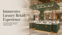 Kiosque de présentation pour bijouterie, panneau en bois vert, cadre en métal doré, éclairage LED, verre trempé pour boutique de centre commercial, magasin éphémère