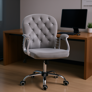 Sedia da Ufficio Girevole Regolabile in Velluto Grigio con Schienale Trapuntato e Base Cromata per Uso Domestico e Ufficio - Product Image 2