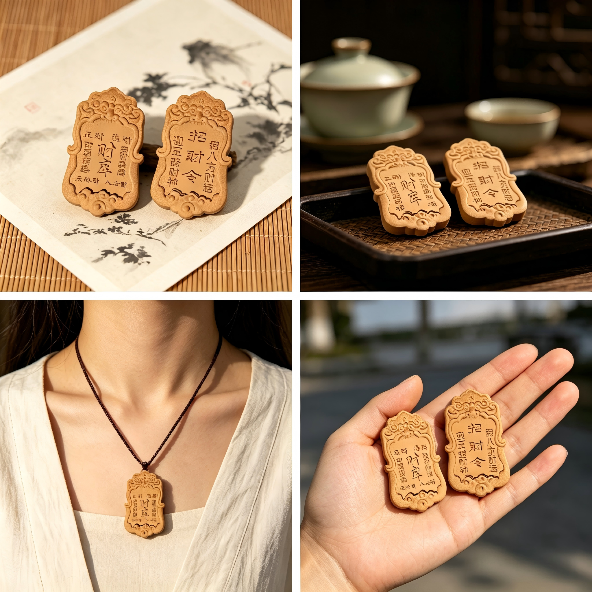 Classic Ancient Taoist Symbol Wood Incense Tablet 6*4cm Zi Wei Hui Front Five Thunder Talisman Back Handcrafted Wealth Safety