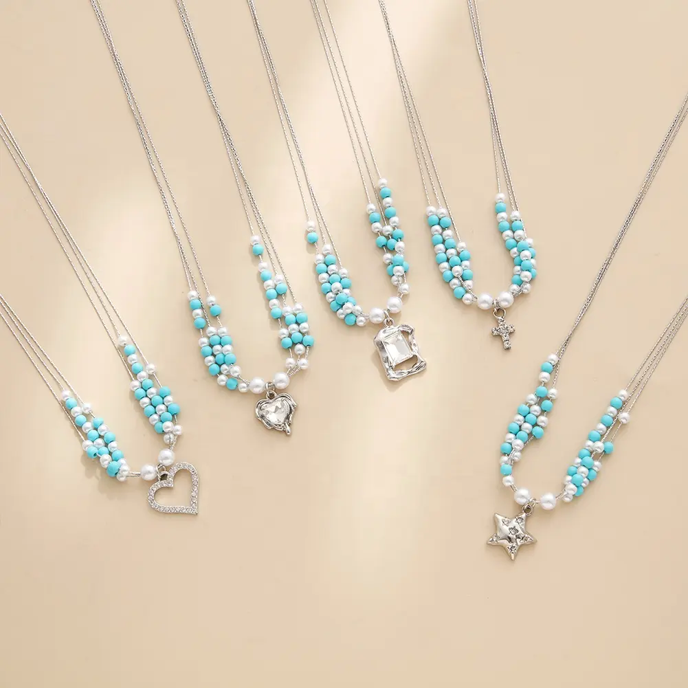 Women's Imitation Pearl Turquoise Beads Cross Heart Gemstone Rhinestone charms Silver Steel Chains