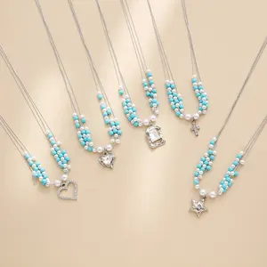 Women's Imitation Pearl Turquoise Beads Cross Heart Gemstone Rhinestone Charms Silver Steel Chains