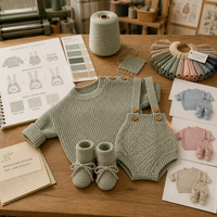 Ensemble 3 pièces en piqué de pur coton pour bébé : pull, salopette, bloomers et chaussons vert sauge – Tenue nouveau-né OEM ODM