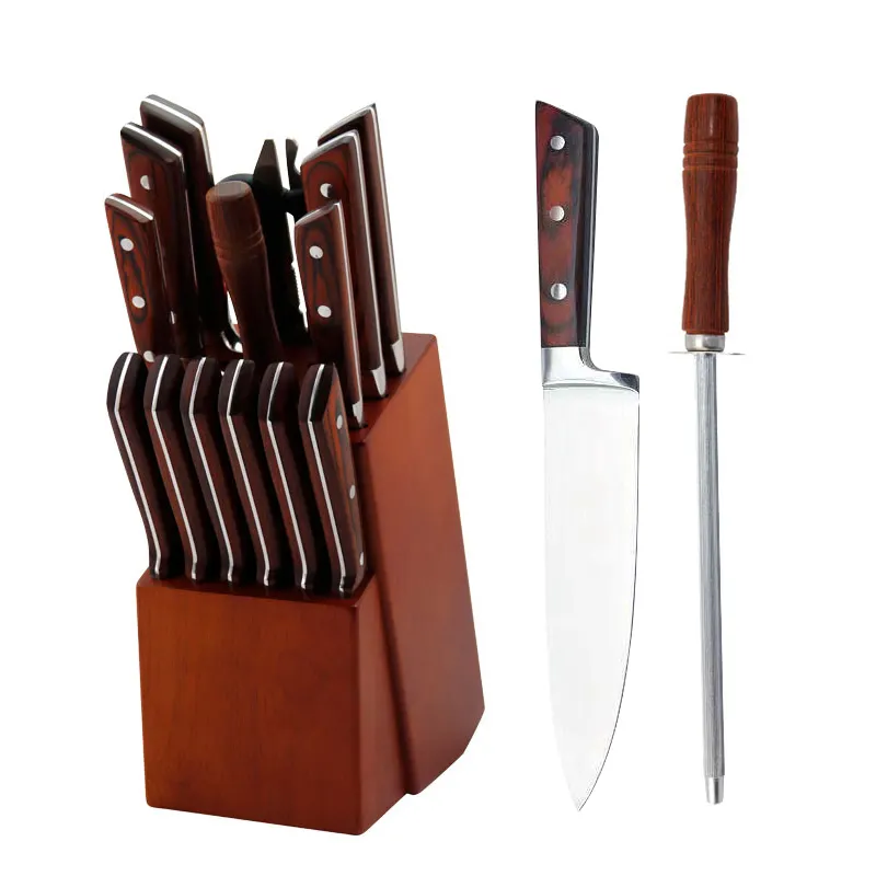 FINDKING profesyonel 15 adet bıçak seti paslanmaz çelik Pakka ahşap mutfak pişirme şef bıçak seti ile bıçak bloğu kalemtıraş