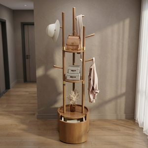 Modern <b>Wood</b> <b>Coat</b> Rack with Shelves and <b>Hooks</b> Freestanding Storage for Bedroom Living Room Furniture Scandinavian Design - Product Image 2