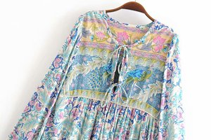 Robe élastique à manches longues, tenue de style bohème à motif floral, bati décharge, vêtement doux, élastique au niveau de la poitrine, nouvelle collection 2020 - Product Image 3