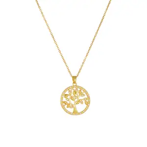 Luxe Sieraden Verguld Roestvrij Staal Met Zirkoon Inlay Ronde Levensboom Hanger Ketting Dames