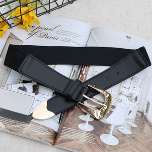 <span class=keywords><strong>Ceinture</strong></span> en cuir noir pour <span class=keywords><strong>femme</strong></span> Yonger Factory avec <span class=keywords><strong>boucle</strong></span> ardillon <span class=keywords><strong>dorée</strong></span> et partie en tissu élastique – Accessoire de mode féminin - Product Image 4