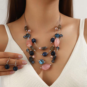 Collier et boucles d'oreilles en résine à paillettes multicouches vintage en gros, style bohème, pierre irrégulière colorée - Product Image 4