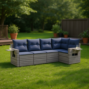 Ensemble de canapés de jardin en polyrotin gris, 5 pièces, avec coussins, meubles d'extérieur - Product Image 2