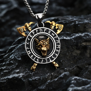 Pendentif Viking en acier inoxydable avec tête de loup et double hache pour homme, collier à thème animal géométrique, bijoux cadeau - Product Image 4