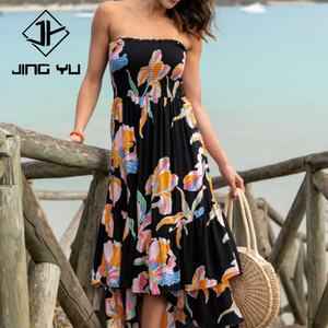 Robe maxi asymétrique plissée sans bretelles à imprimé plage personnalisée OEM, en lin et viscose de haute qualité - Product Image 1