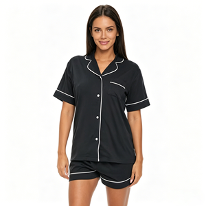 Custom Women's Casual Buttoned 100% Cotton Elastic Waist Breathable Summer Short Sleeve Sizes 5XL 6XL Solid Pattern Pajama Sets - Product Image 1