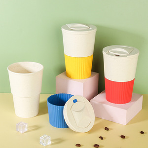 Wheat <b>Straw</b> Coffee <b>Cup</b> <b>With</b> Lid 300Ml Portable Reusable Mug For Hot <b>Cold</b> Drinks Travel Office Home Use Solid Color - Product Image 3