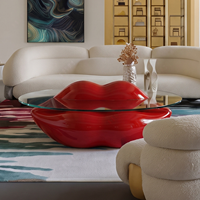 Table basse moderne de luxe en forme de lèvres, table centrale créative en fibre de verre, plateau rond en verre, table à thé pour hôtel et villa
