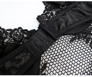 Großhandel Lila Trauben Erotische Satin-<span class=keywords><strong>Lingerie</strong></span> XL Größe Durchsichtiges BH-Set Handschuhe Socken Sexy Bodysuit mit Spitzenverzierung - Product Image 5