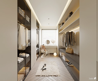 Dressing Walk-in en Bois Grainé avec Portes Vitrées, Tringles de Suspension Ouvertes, Coiffeuse et Accessoires de Rangement – Ensembles de Meubles de Chambre
