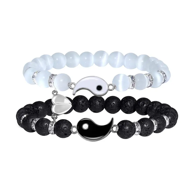 Nouveau Bracelet de Couple Tai Chi Yin Yang à la mode blanc et noir pierre naturelle de lave amour coeur Bracelet de Couple magnétique