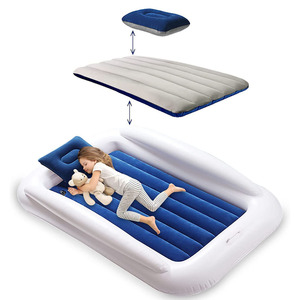 <b>Inflatable</b> Baby Travel Air Mattress With Guardrail <b>Toddler</b> Size White And Blue Folding Portable <b>Bed</b> For Kids - Product Image 1