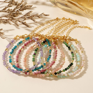 Dainty Faceted Natural Stone Beaded <b>Bracelet</b> Gold Plated Adjustable Chain Stackable Gemstone <b>Bracelet</b> Minimalist - Product Image 1