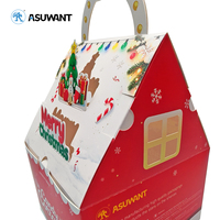 Boîte cadeau en papier personnalisée en forme de maison de Noël avec poignée, boîte d'emballage pour bonbons, biscuits, pommes imprimée avec Père Noël et rennes