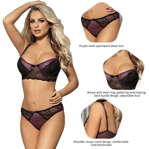 Custom Logo Transparent Sexy <strong>Purple</strong> Push-up Bras Panties <strong>Set</strong> Women's Breathable <strong>Lingerie</strong> with Lace Bow Decoration Mesh Material - Product Image 6