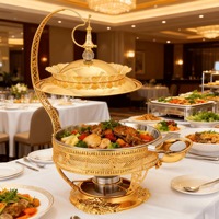 Plat de service chauffe-plat en acier inoxydable doré avec couvercle suspendu, capacité 8L, bordure en dentelle de luxe pour hôtels et restaurants