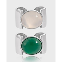 Bague ouverte en argent sterling S925 avec incrustation large d'agate polie, style de luxe discret et haut de gamme, pour mariage, fiançailles et usage quotidien